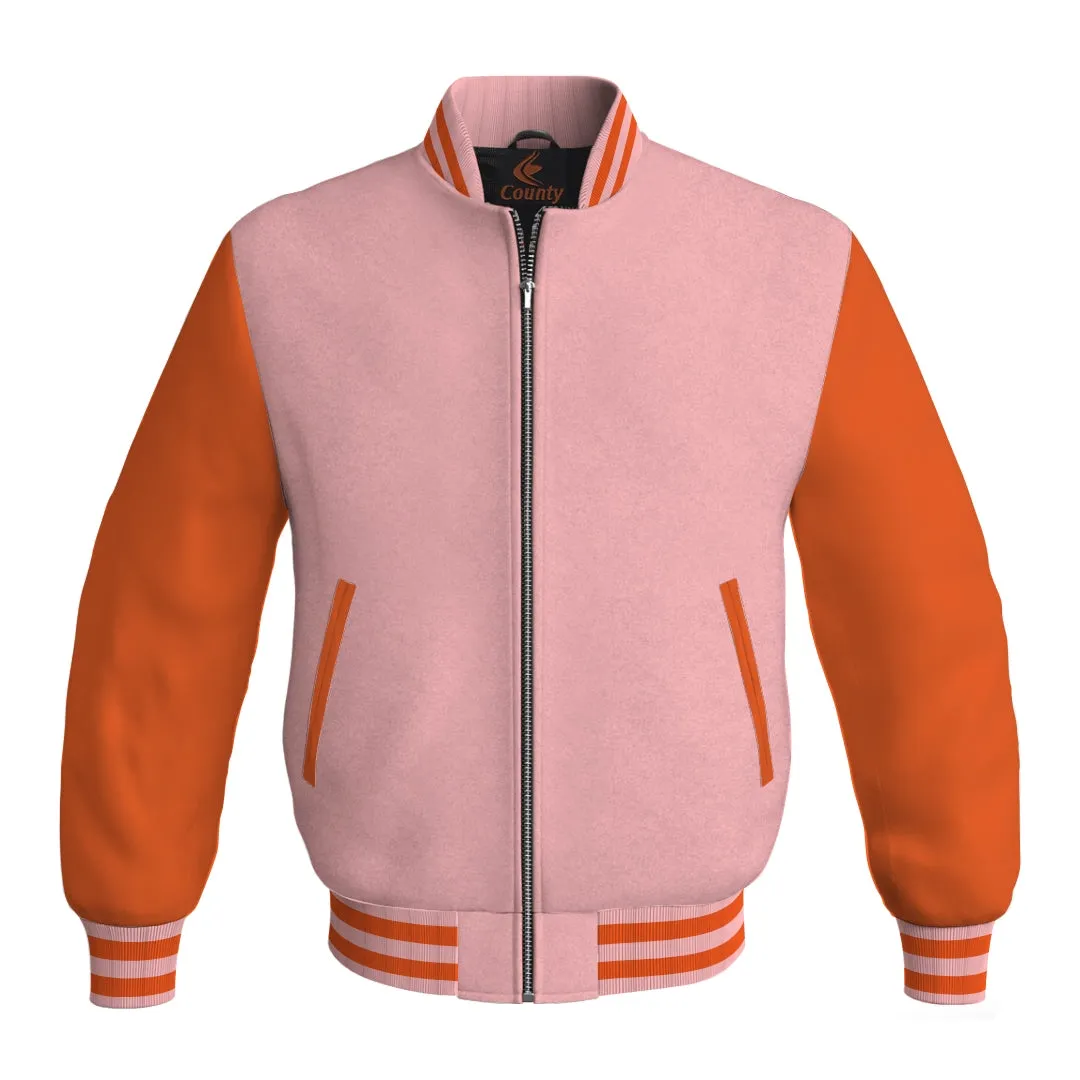 Mens Bomber Jacket Pink Body and Orange Leather Sleeves Bomber Jacket