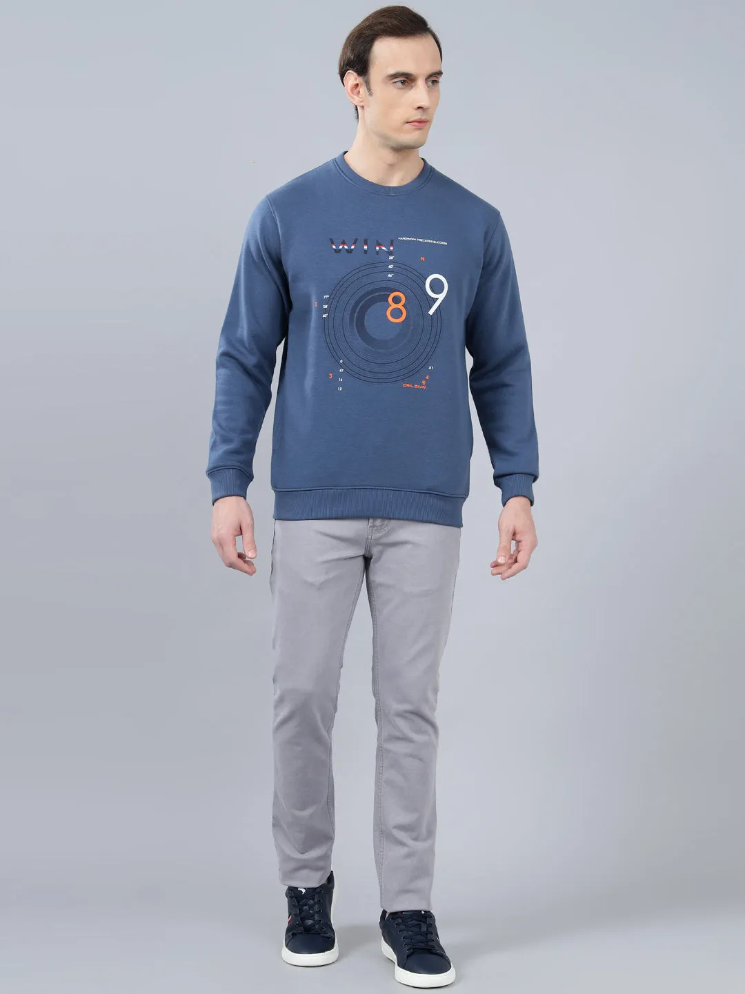 Men's Graphic Printed Blue Round Neck Sweatshirt