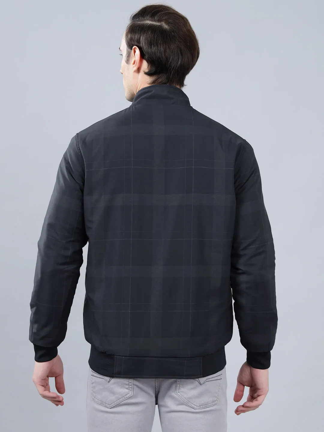 Men's Navy Blue Checked Mock Neck Reversible Winter Jacket