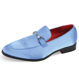 Men's Sky Blue Formal Satin Material Slip-On Loafer Dress Shoes Sliver Buckle Style no-7018