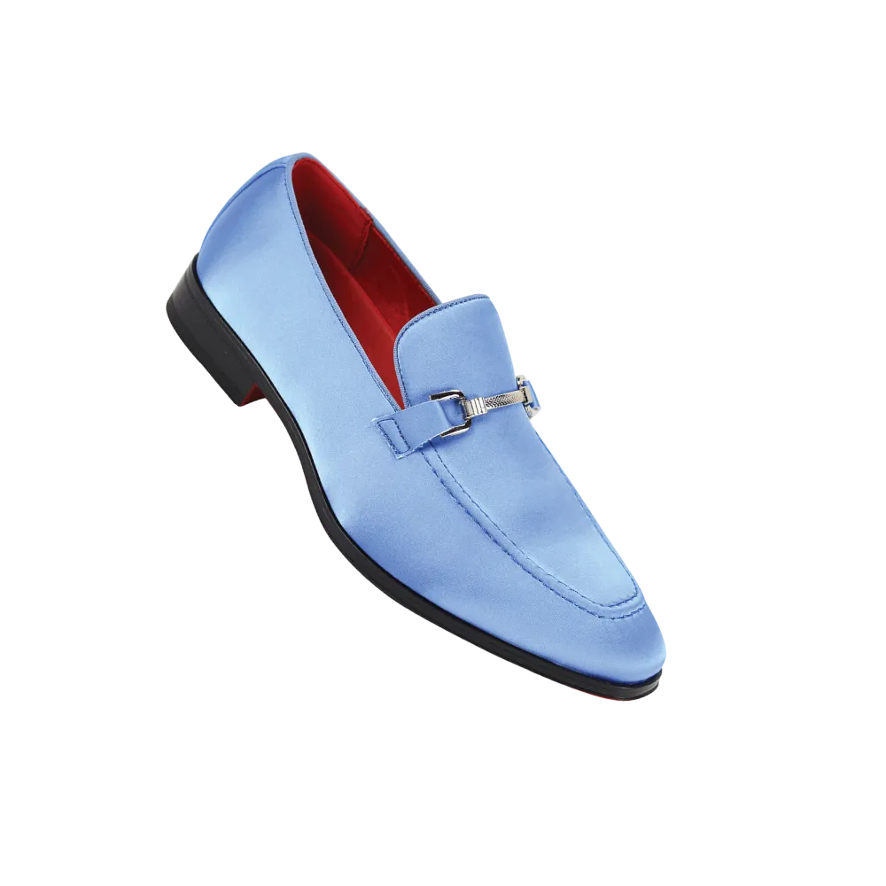 Men's Sky Blue Formal Satin Material Slip-On Loafer Dress Shoes Sliver Buckle Style no-7018