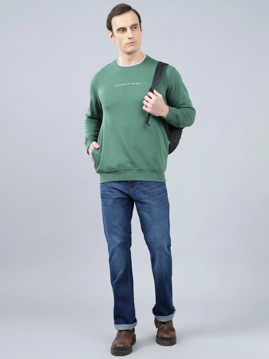 Men's Solid Green Round Neck Sweatshirt