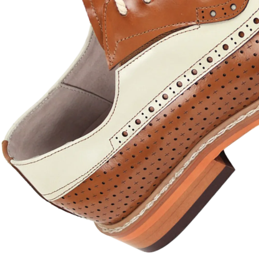 Men's Two-Tone Cognac and Cream Wingtip Genuine Leather Dress Shoes