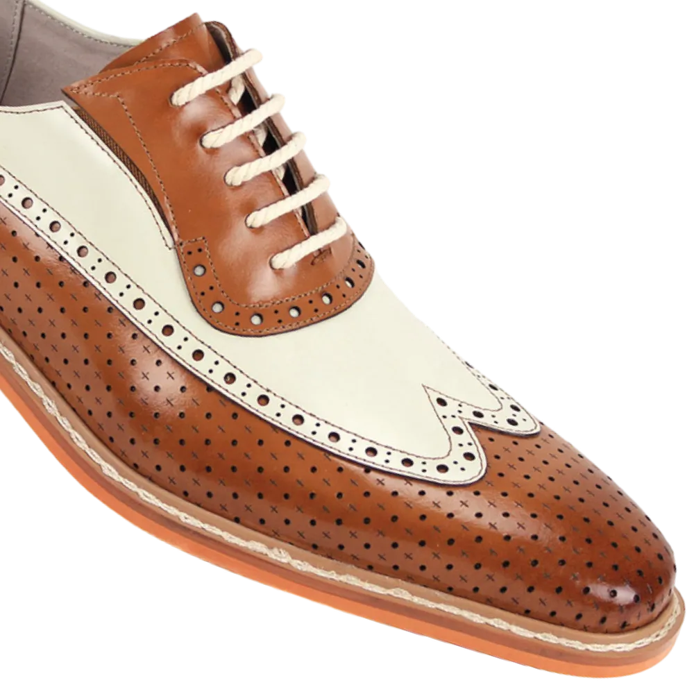 Men's Two-Tone Cognac and Cream Wingtip Genuine Leather Dress Shoes