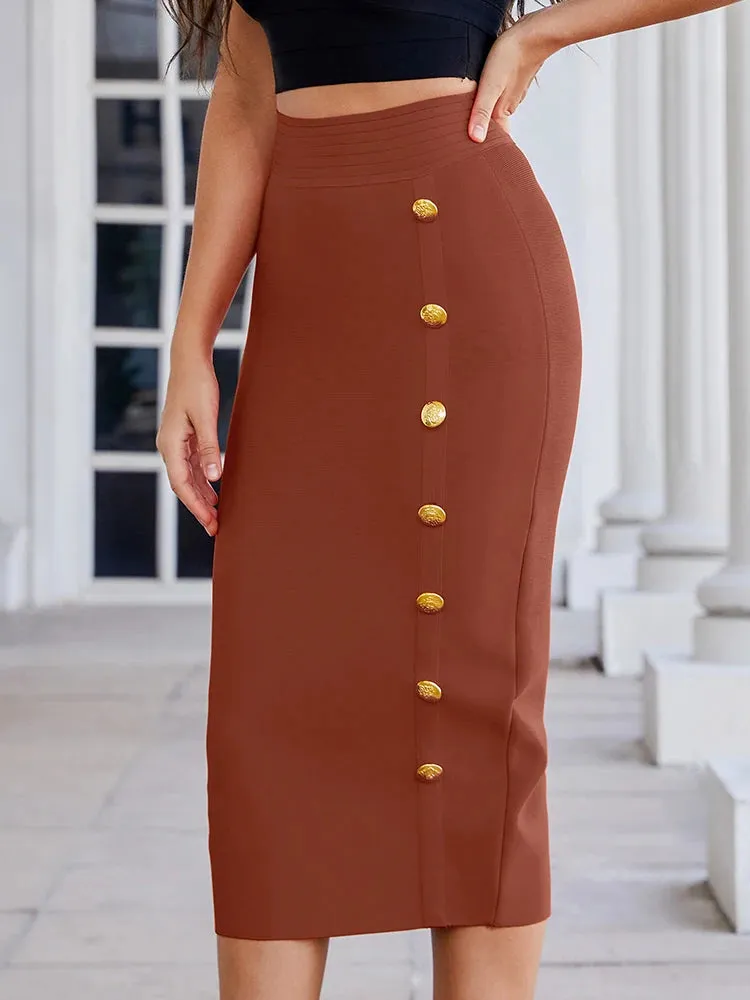 Mid Calf Button bodycon brown Bandage Pencil Skirt