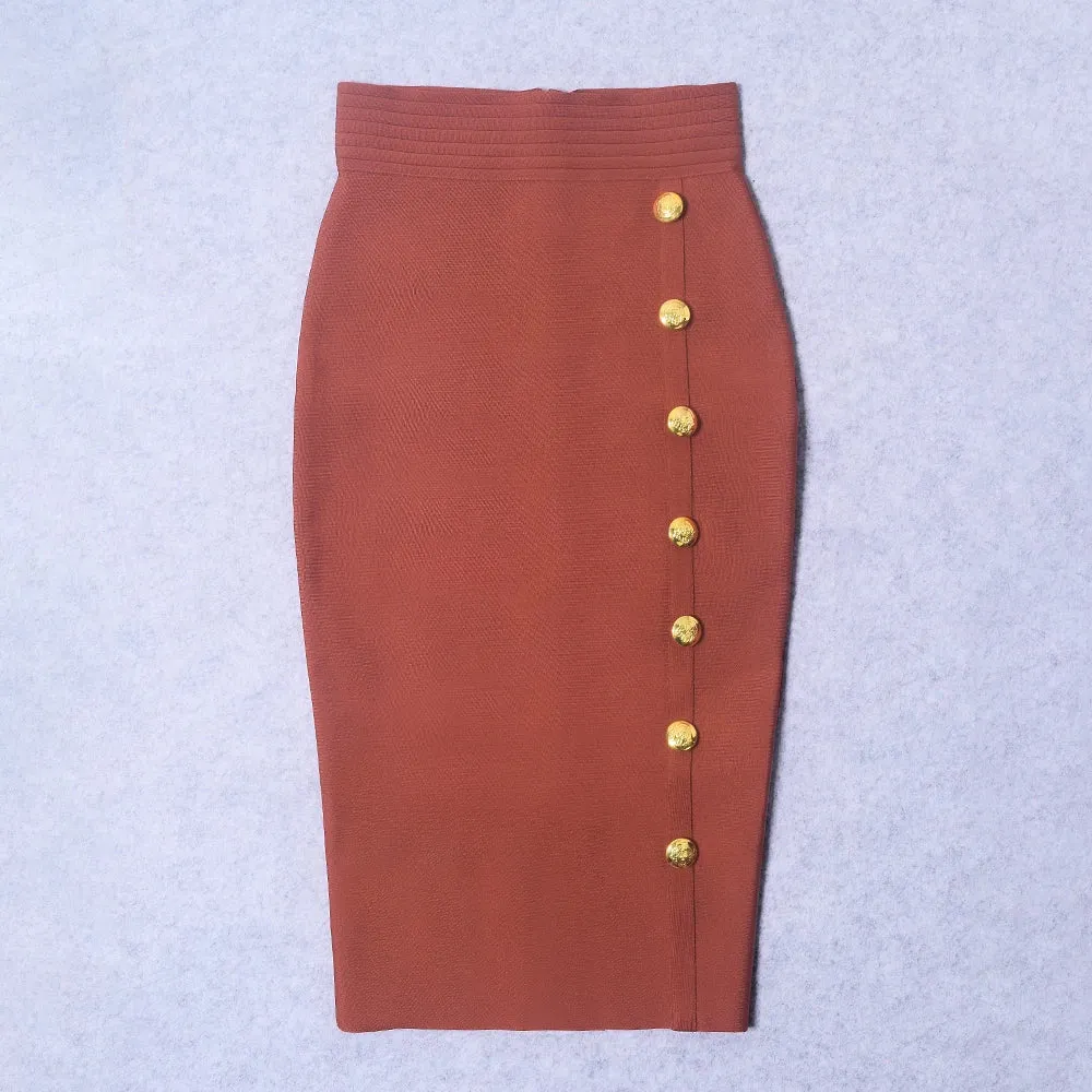 Mid Calf Button bodycon brown Bandage Pencil Skirt