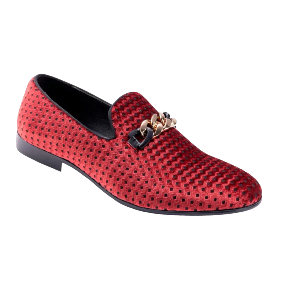 Montique Men's Red Velvet Material Slip-on Shoe Gold Chain Fashion Design