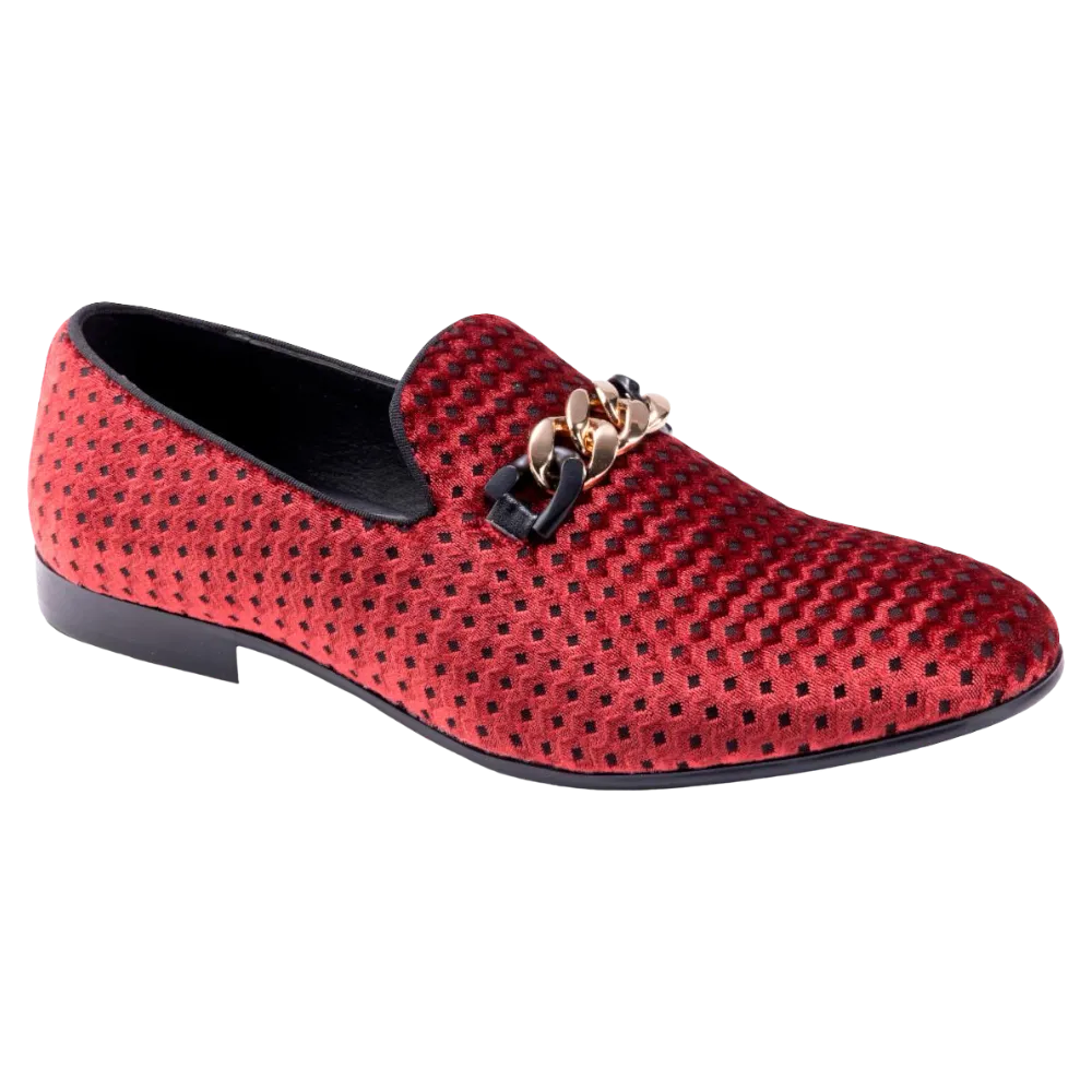 Montique Men's Red Velvet Material Slip-on Shoe Gold Chain Fashion Design