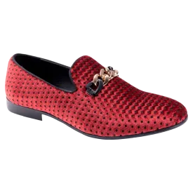 Montique Men's Red Velvet Material Slip-on Shoe Gold Chain Fashion Design