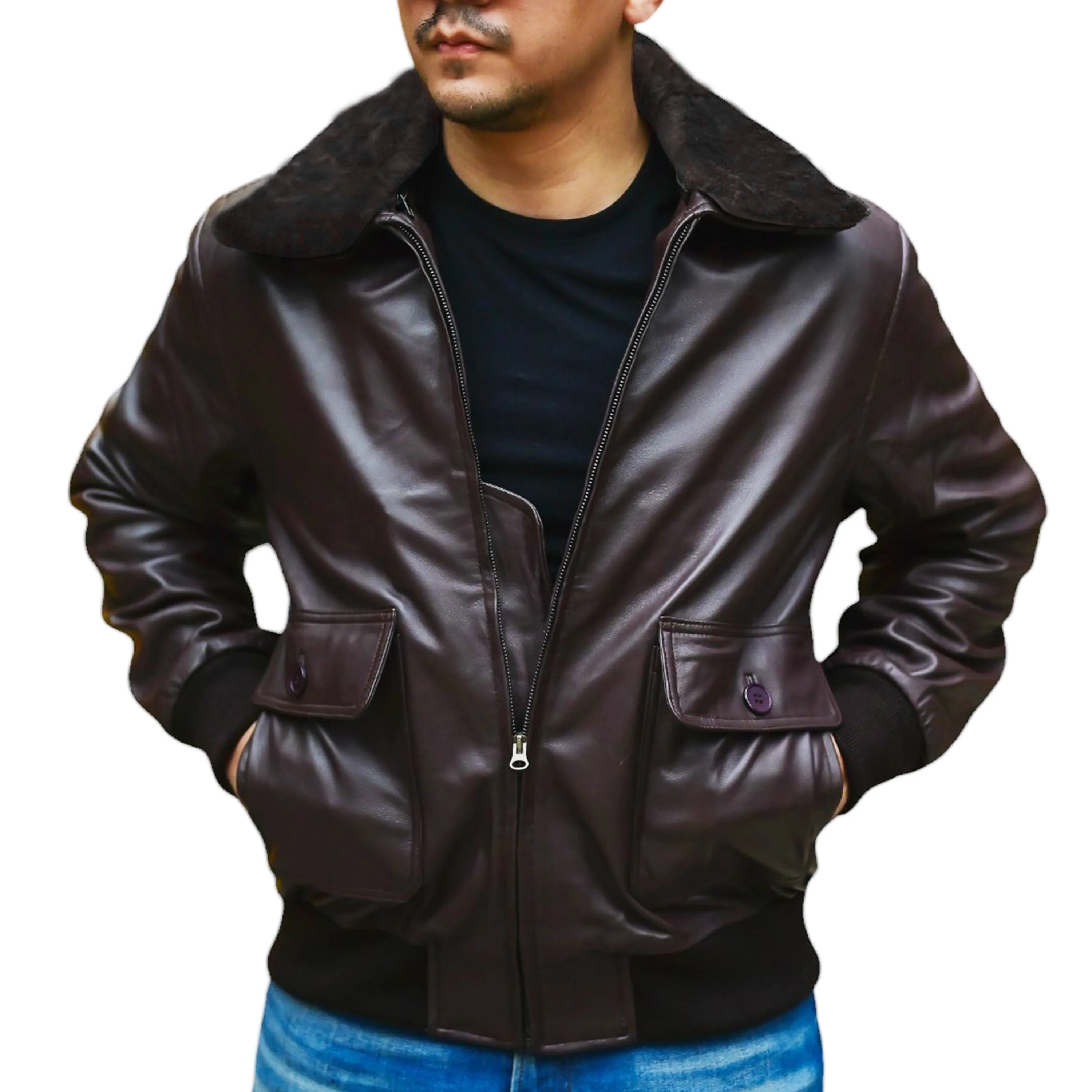 Navy G-1 Real Leather Bomber Jacket Men with Removable Fur Collar