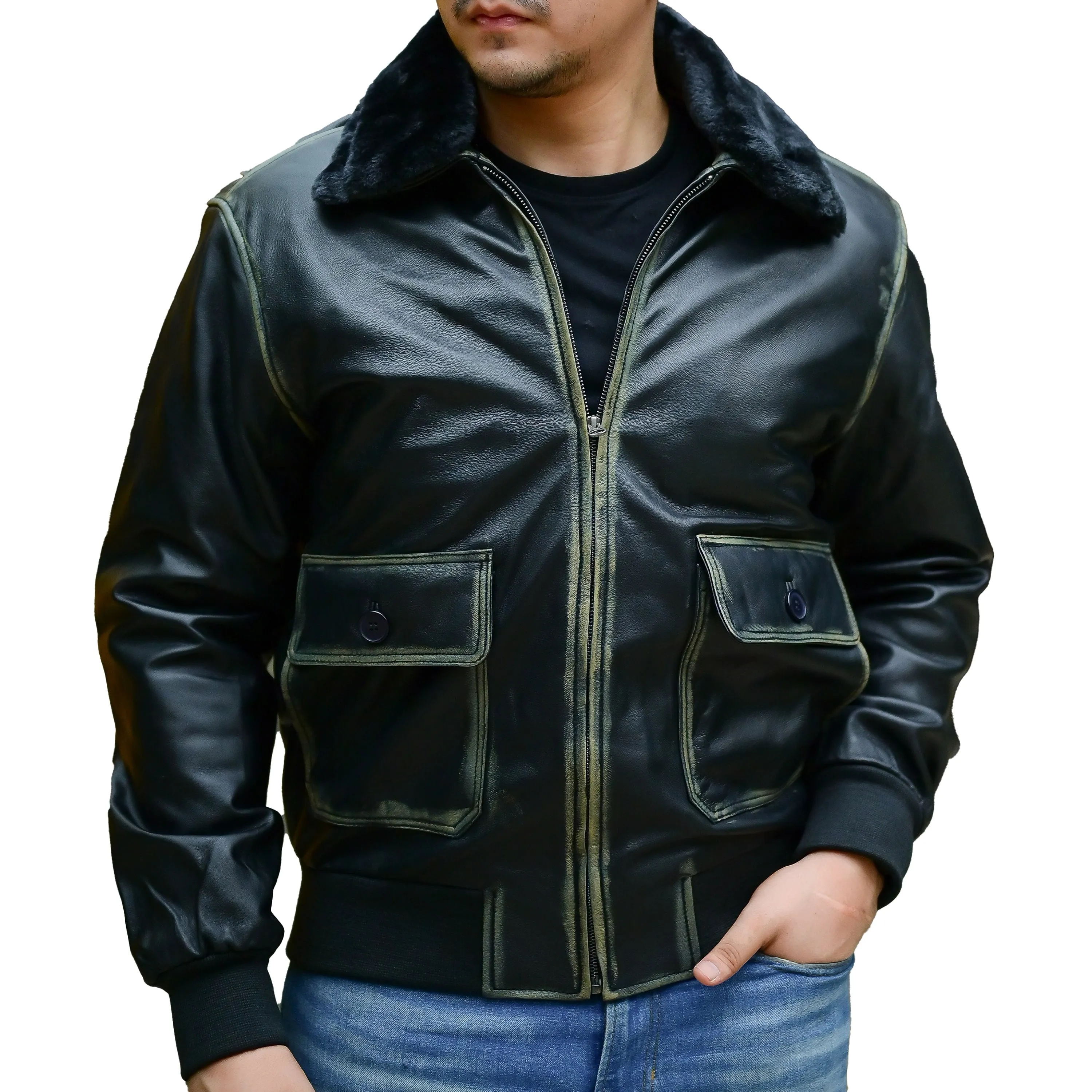 Navy G-1 Real Leather Bomber Jacket Men with Removable Fur Collar