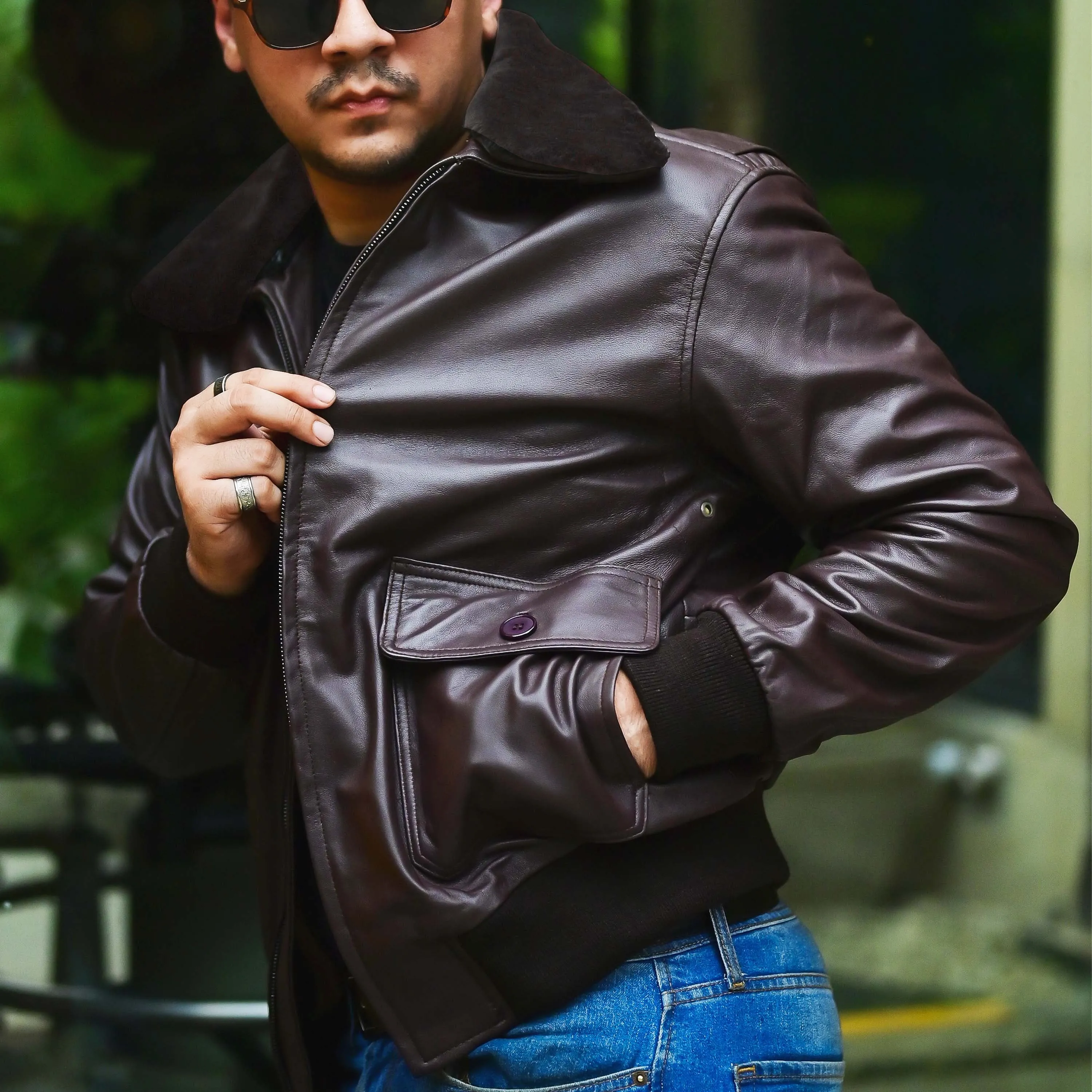 Navy G-1 Real Leather Bomber Jacket Men with Removable Fur Collar