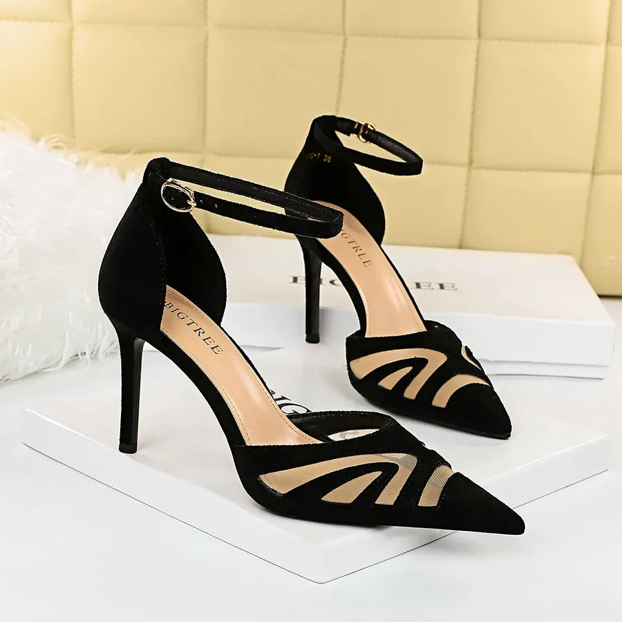 New Thin High Heels Women Elegant Casual Suede Mesh Dress Shoes