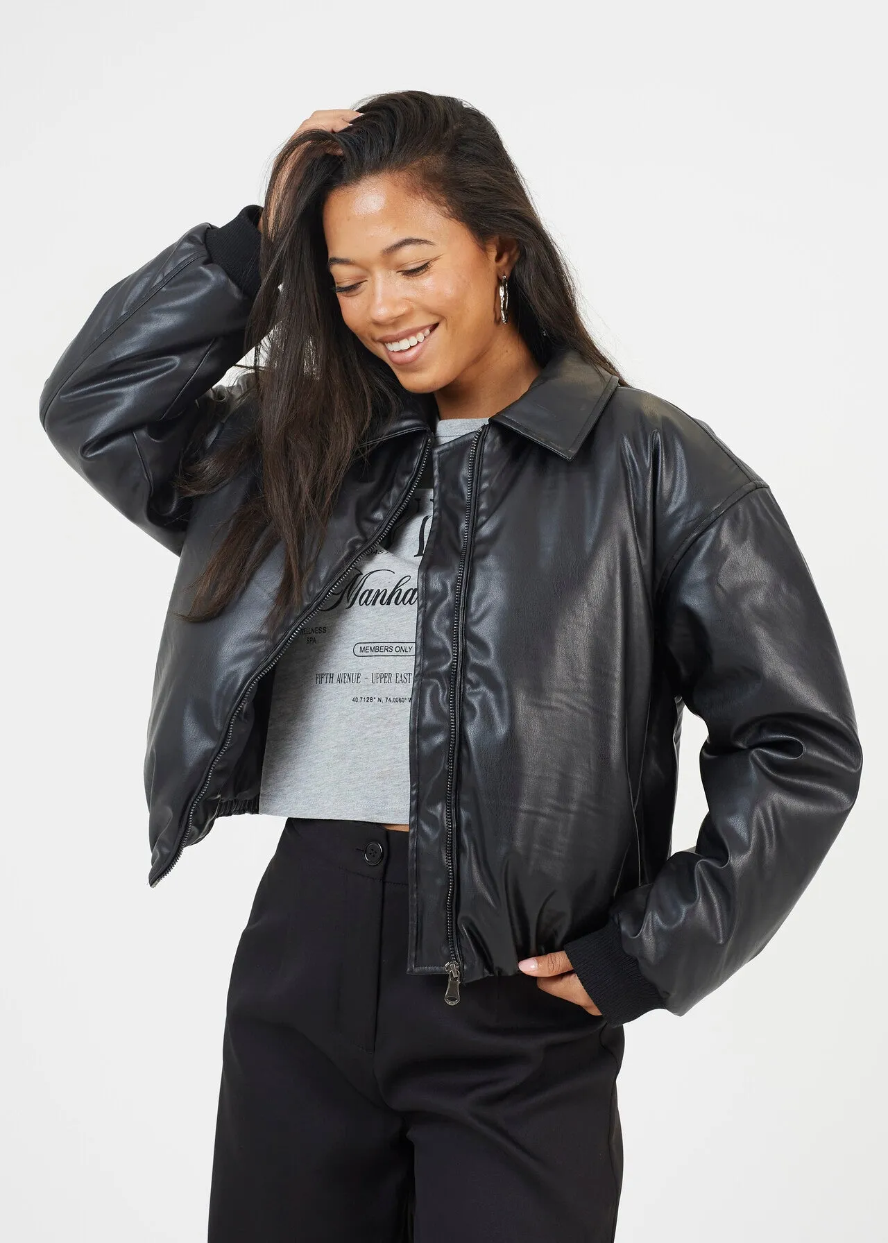 OVERSIZED FAUX LEATHER BOMBER JACKET