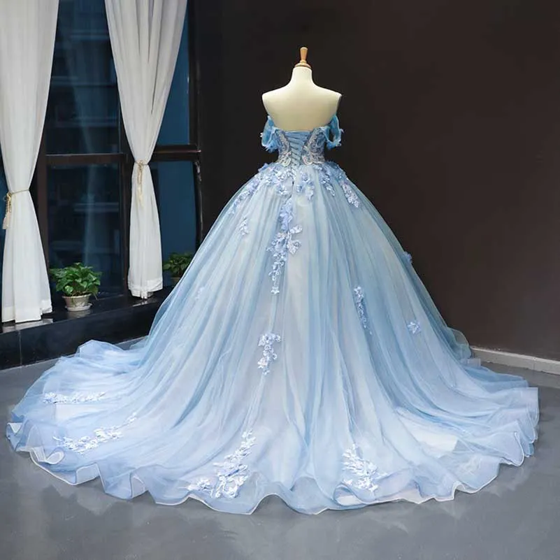 Princess off Shoulder Quinceanera Dresses Puffy Tulle Sweet 16 Dress with Train