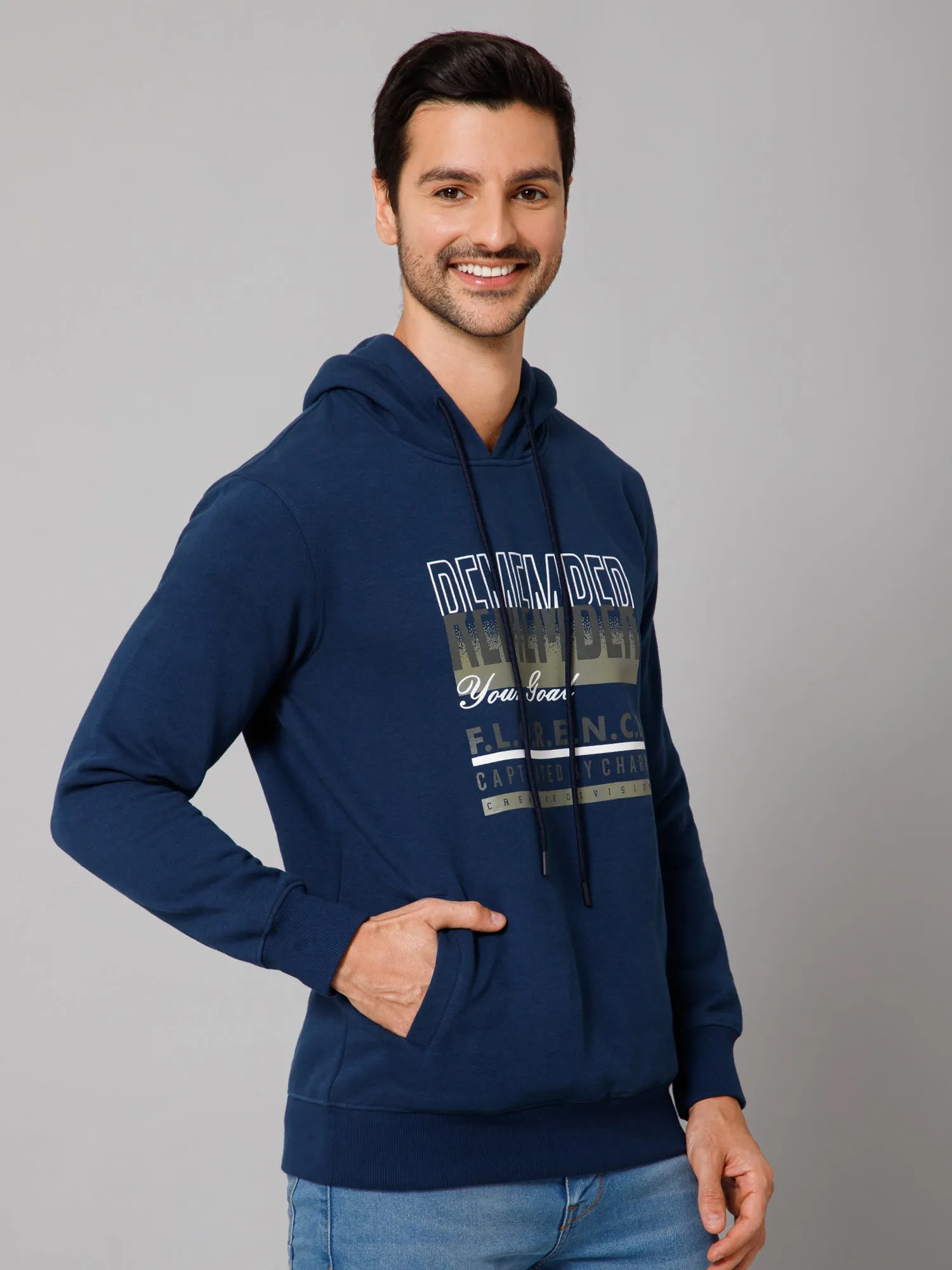 Printed Blue Full Sleeves Hooded Neck Regular Fit Casual Sweatshirt for Men