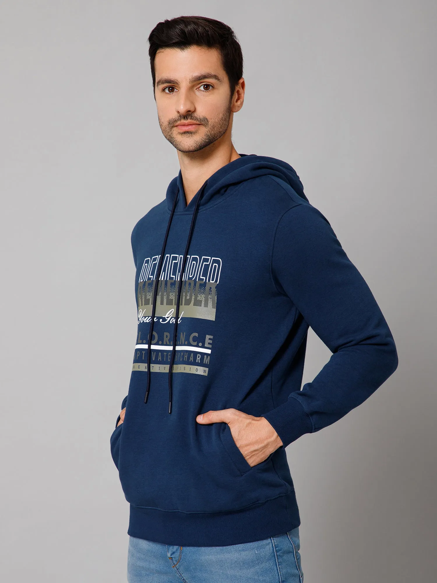 Printed Blue Full Sleeves Hooded Neck Regular Fit Casual Sweatshirt for Men