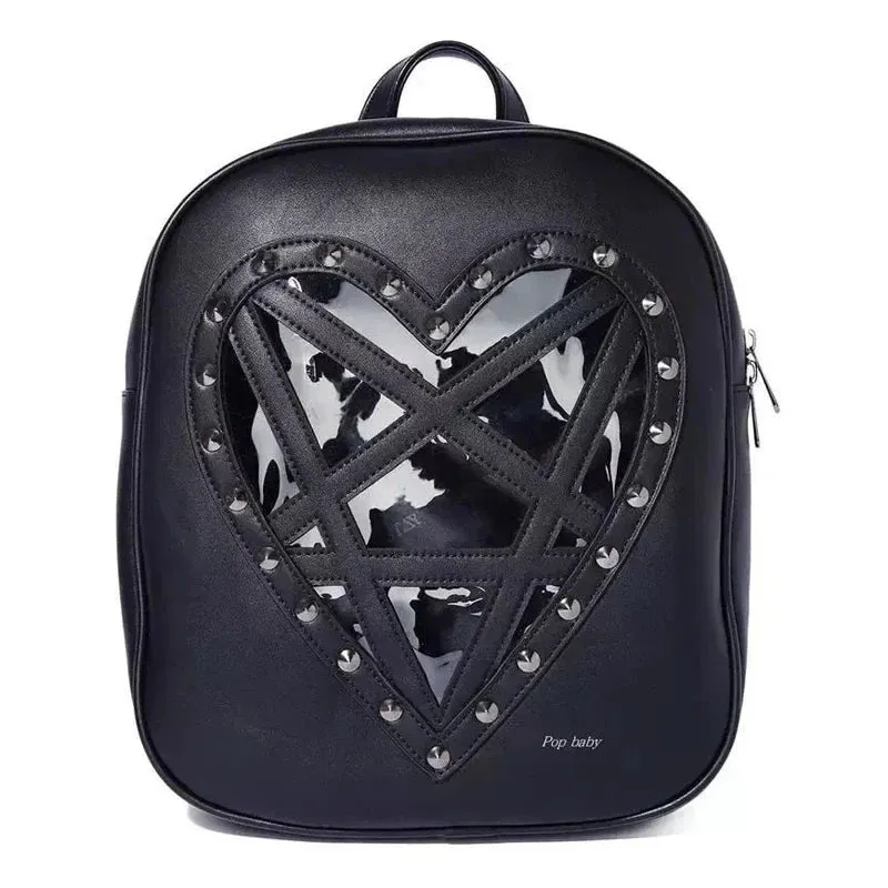 Punk Hollow Gothic Cosplay Leather PU Out Pentacle Black Heart Rock Bag