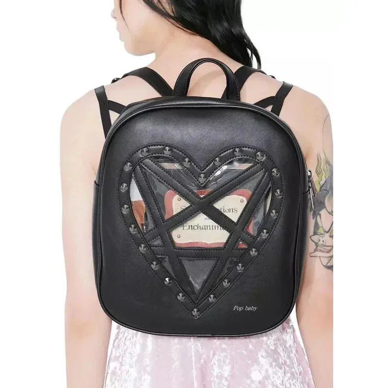 Punk Hollow Gothic Cosplay Leather PU Out Pentacle Black Heart Rock Bag