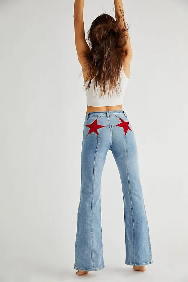 Red Star Flare Jeans "Firecracker" High Waist Denim Bell Bottom Pants Perfect Butt Jean Great For Independence Day Available In Sizes Small Medium Or Large