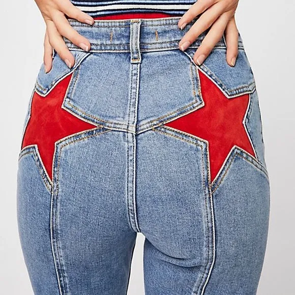 Red Star Flare Jeans "Firecracker" High Waist Denim Bell Bottom Pants Perfect Butt Jean Great For Independence Day Available In Sizes Small Medium Or Large