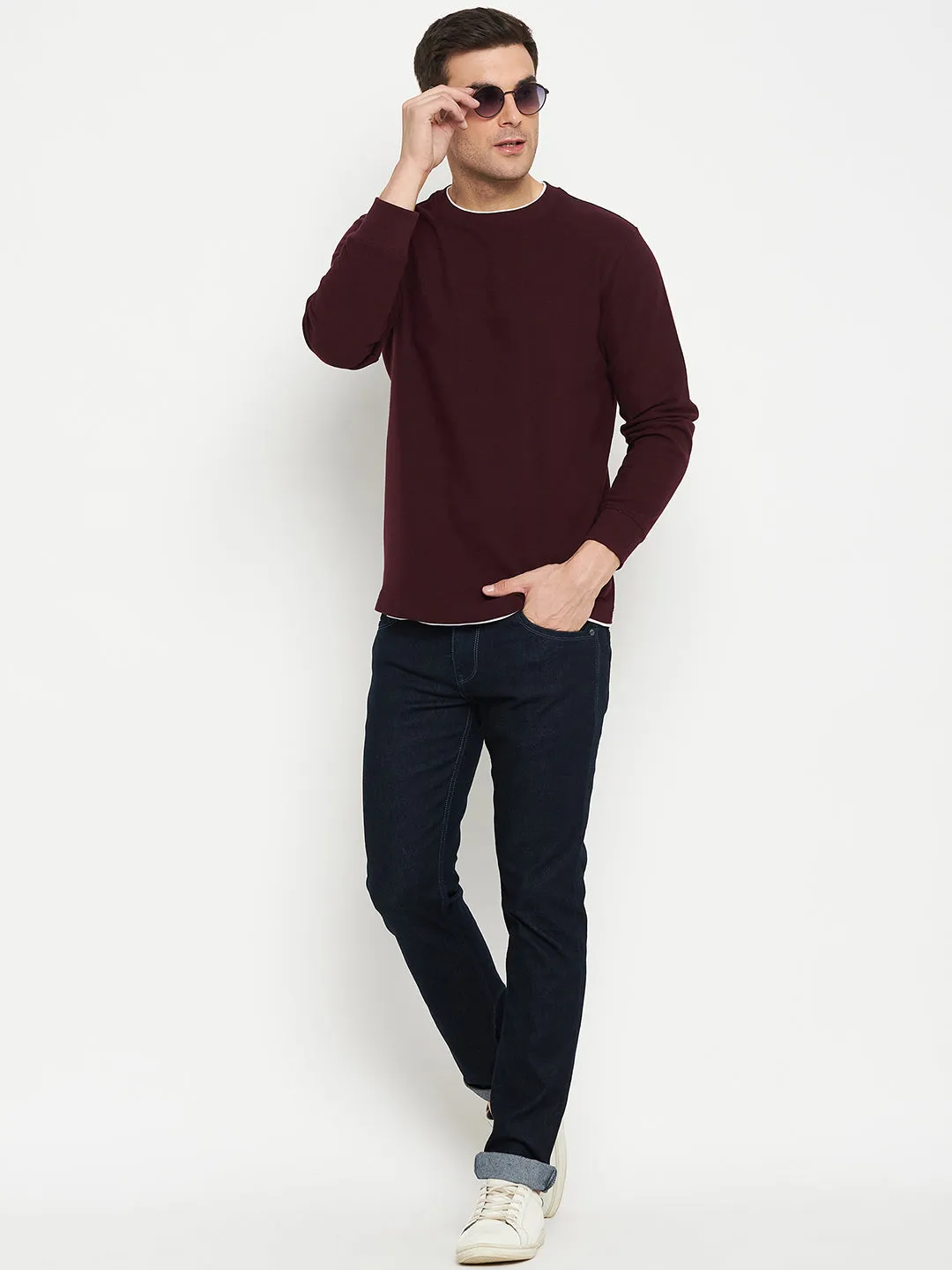 Self Design Wine Full Sleeves Round Neck Regular Fit Casual Sweatshirt for Men