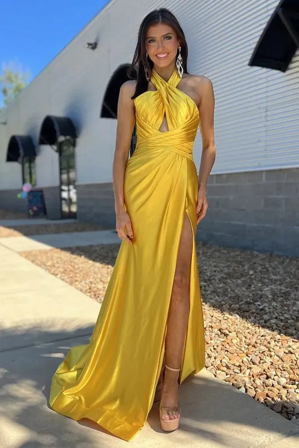 Sheath Halter Ruched Satin Yellow Long Prom Dress with Slit PSK581