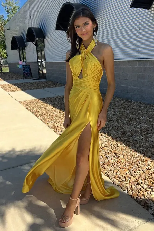 Sheath Halter Ruched Satin Yellow Long Prom Dress with Slit PSK581