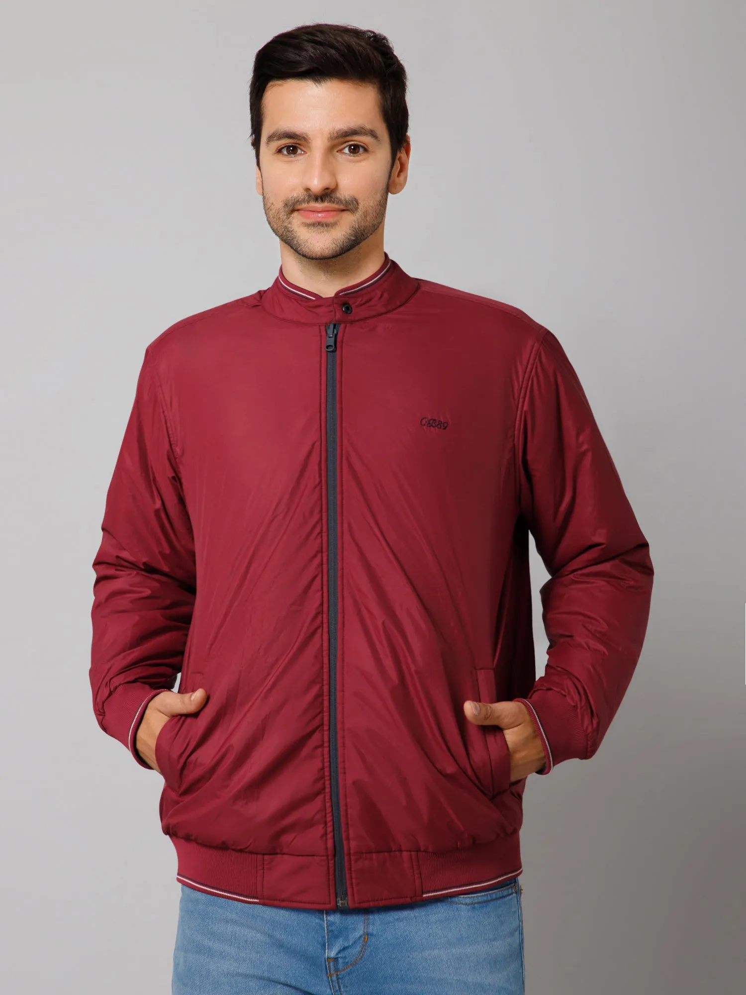 Solid Navy and Maroon Full Sleeves Mock Collar Regular Fit Reversible Casual Jacket For Men