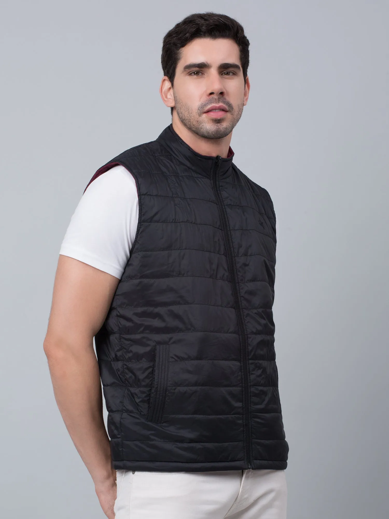 Solid Navy Sleeveless Mock Collar Regular Fit Reversible Casual Jacket For Men