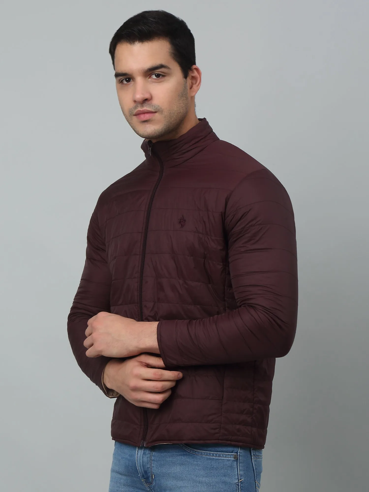 Solid Wine Full Sleeves Band Collar Regular Fit Reversible Jacket for Men