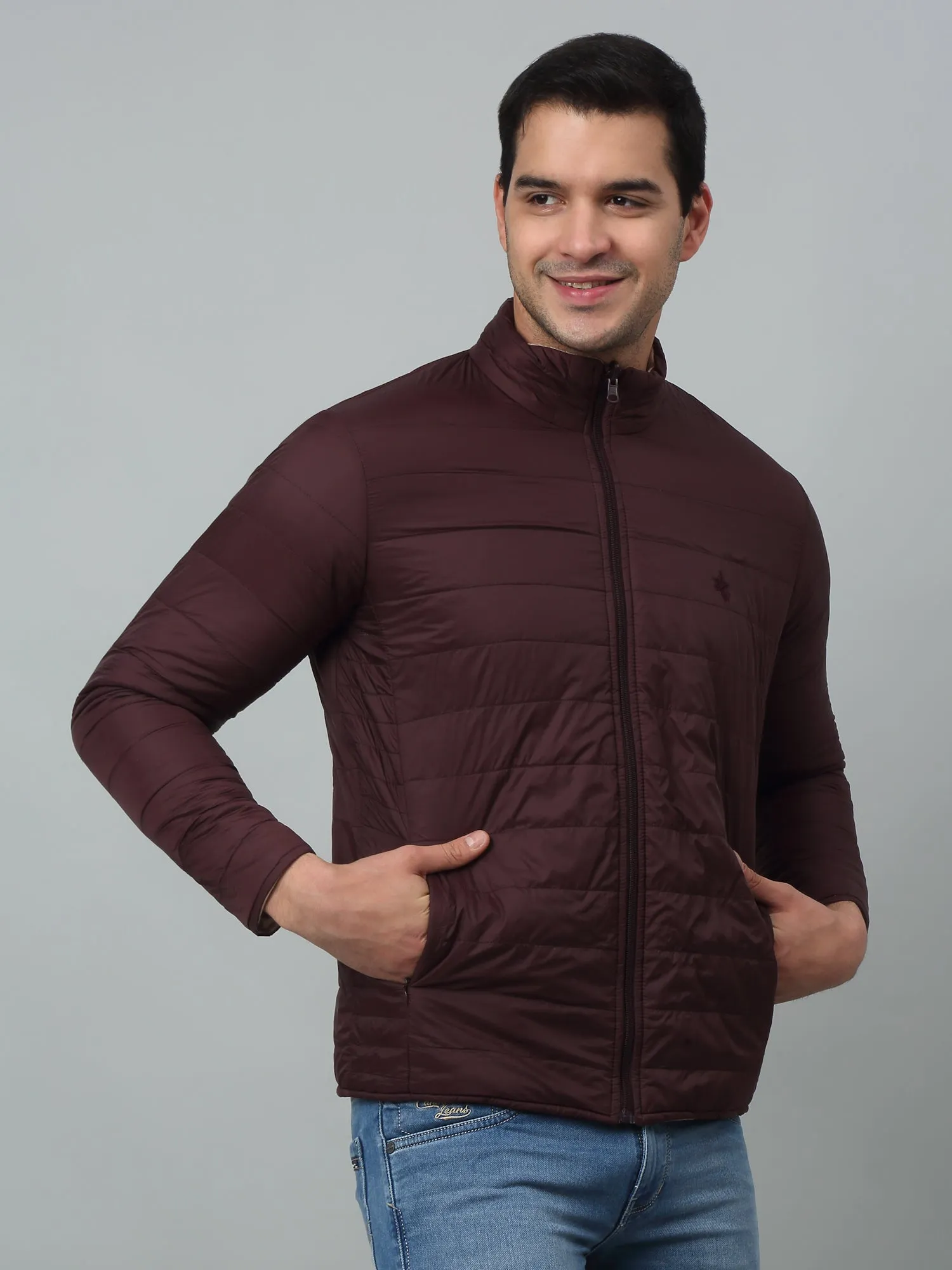 Solid Wine Full Sleeves Band Collar Regular Fit Reversible Jacket for Men