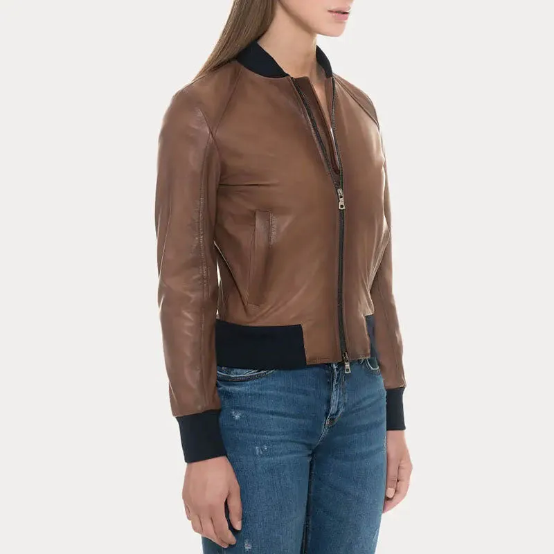 Sugar Brown Lambskin Soft  Leather Bomber Jacket