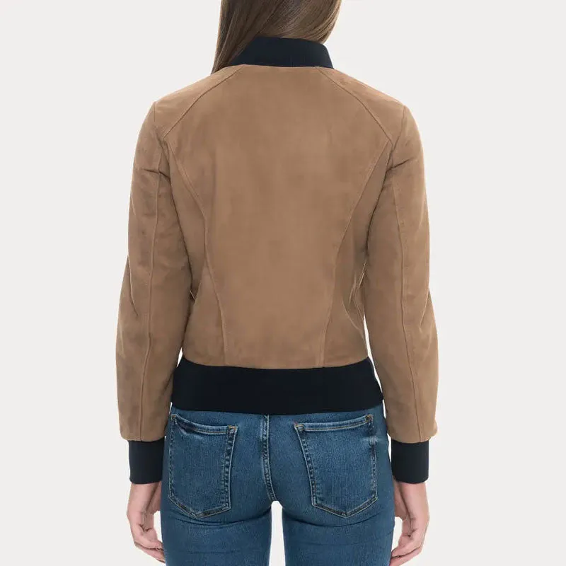 Tan Suede Bomber Jacket with Black Rib Knit Collar & Cuffs