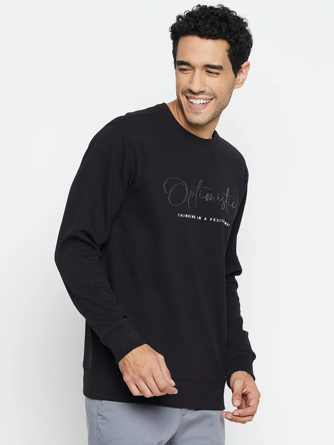 Typography Printed Black Full Sleeves Round Neck Regular Fit Casual Sweatshirt for Men