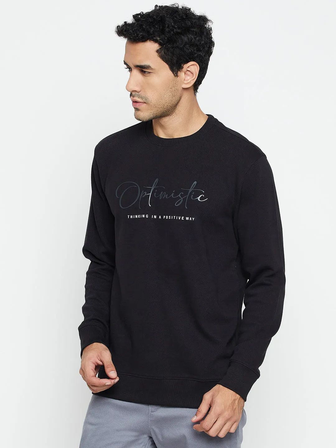 Typography Printed Black Full Sleeves Round Neck Regular Fit Casual Sweatshirt for Men