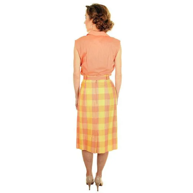 Vintage  Cotton Summer Skirt & Blouse 1950s Peach & Yellow Small