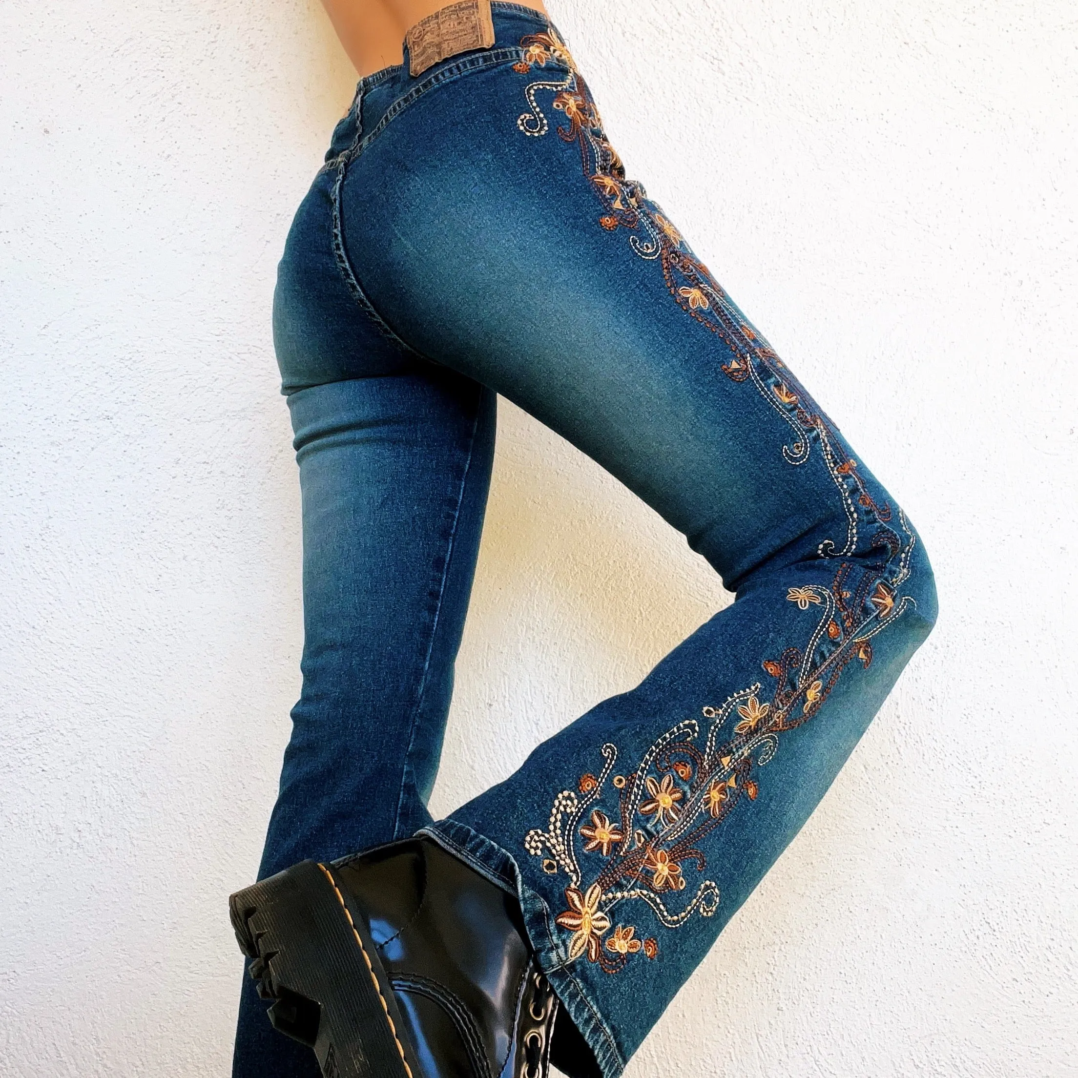 Vintage Embroidered Floral Flare Jeans