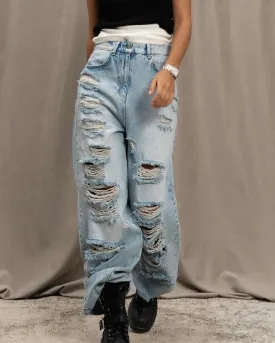 Wasteland Style Ripped Longwide Leg Jeans