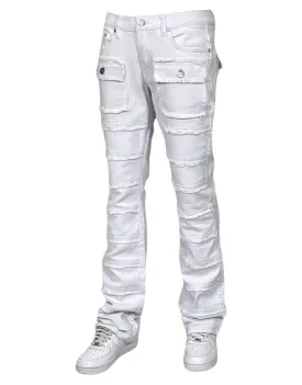 White Stacked Jeans Men's Denim Pants Frayed Stack Fit with Pockets