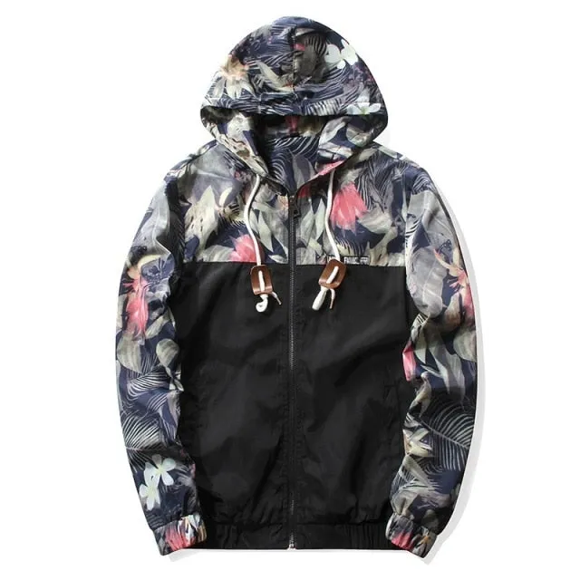 Windbreaker Jackets Mens Hooded Jacket Sportswear Bomber Jacket Fashion Light Weight Flowers Casual Mens jackets Coats Outwear