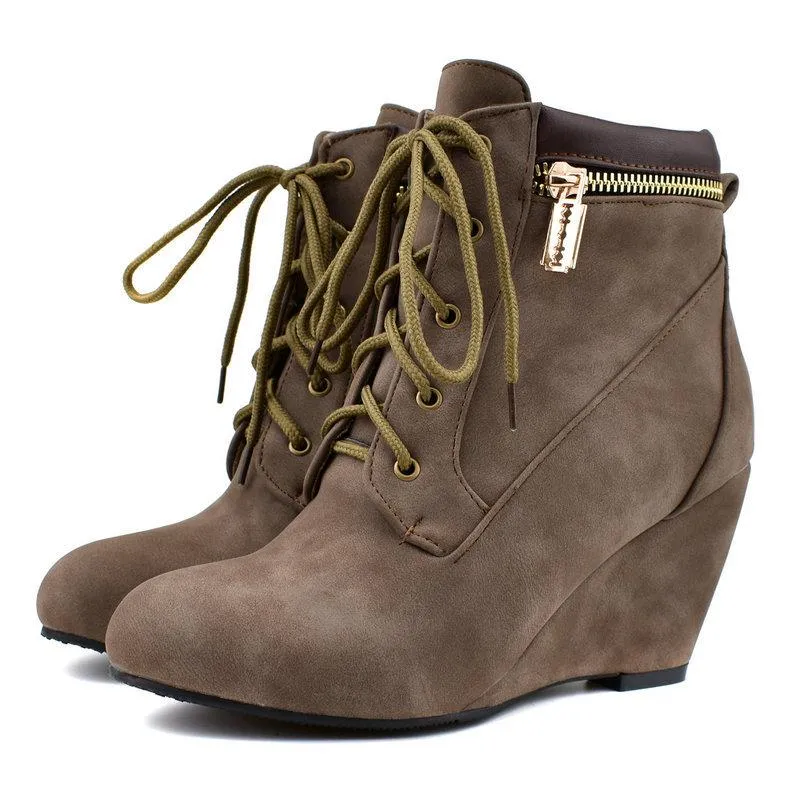 Women ankle zipper lace up high heel wedge boots