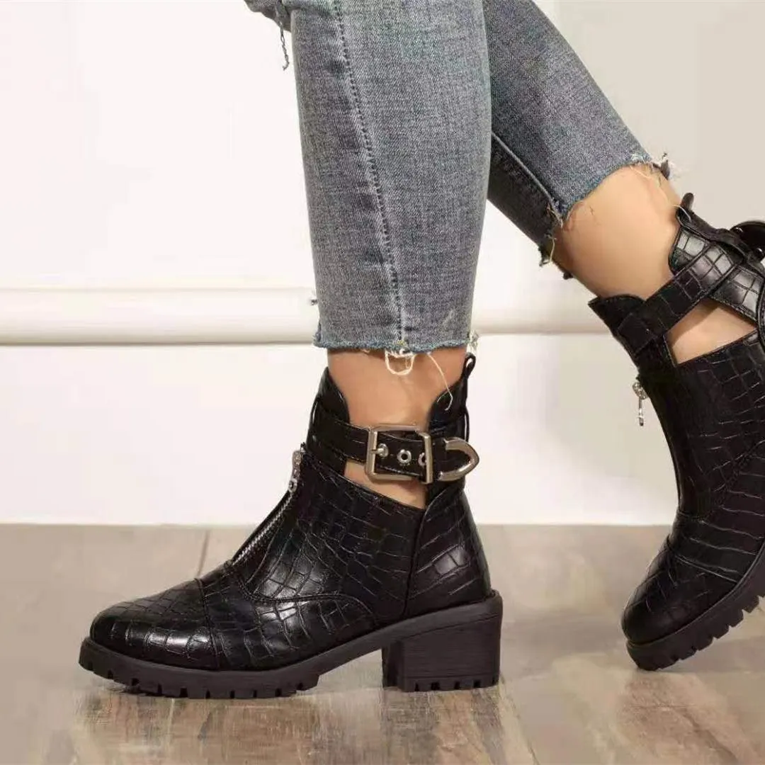 Women chunky heel front zipper buckle strap ankle boots