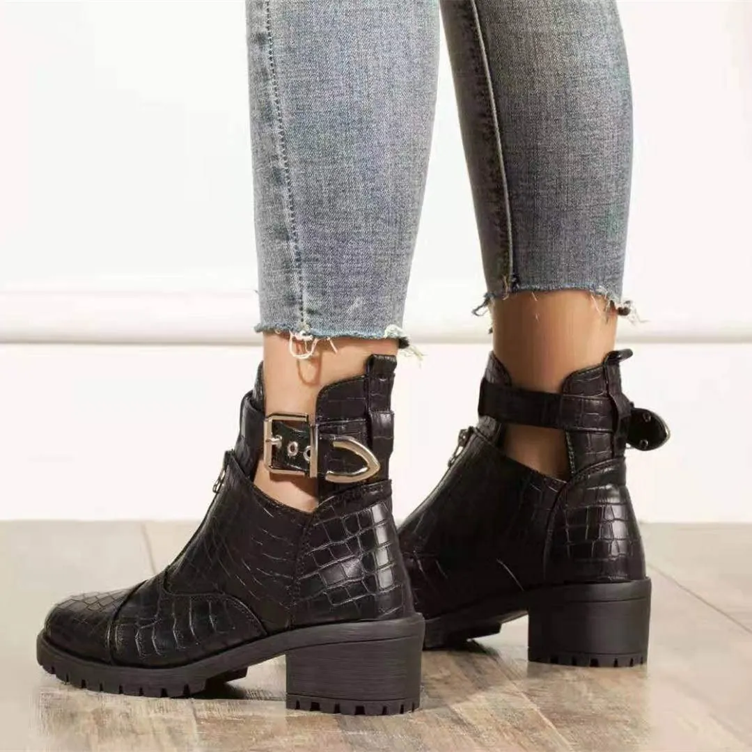 Women chunky heel front zipper buckle strap ankle boots