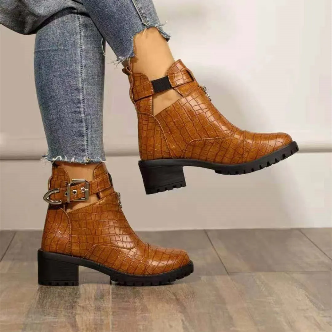 Women chunky heel front zipper buckle strap ankle boots