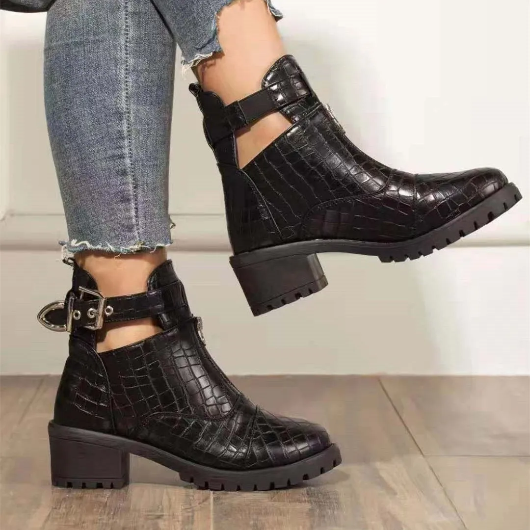 Women chunky heel front zipper buckle strap ankle boots