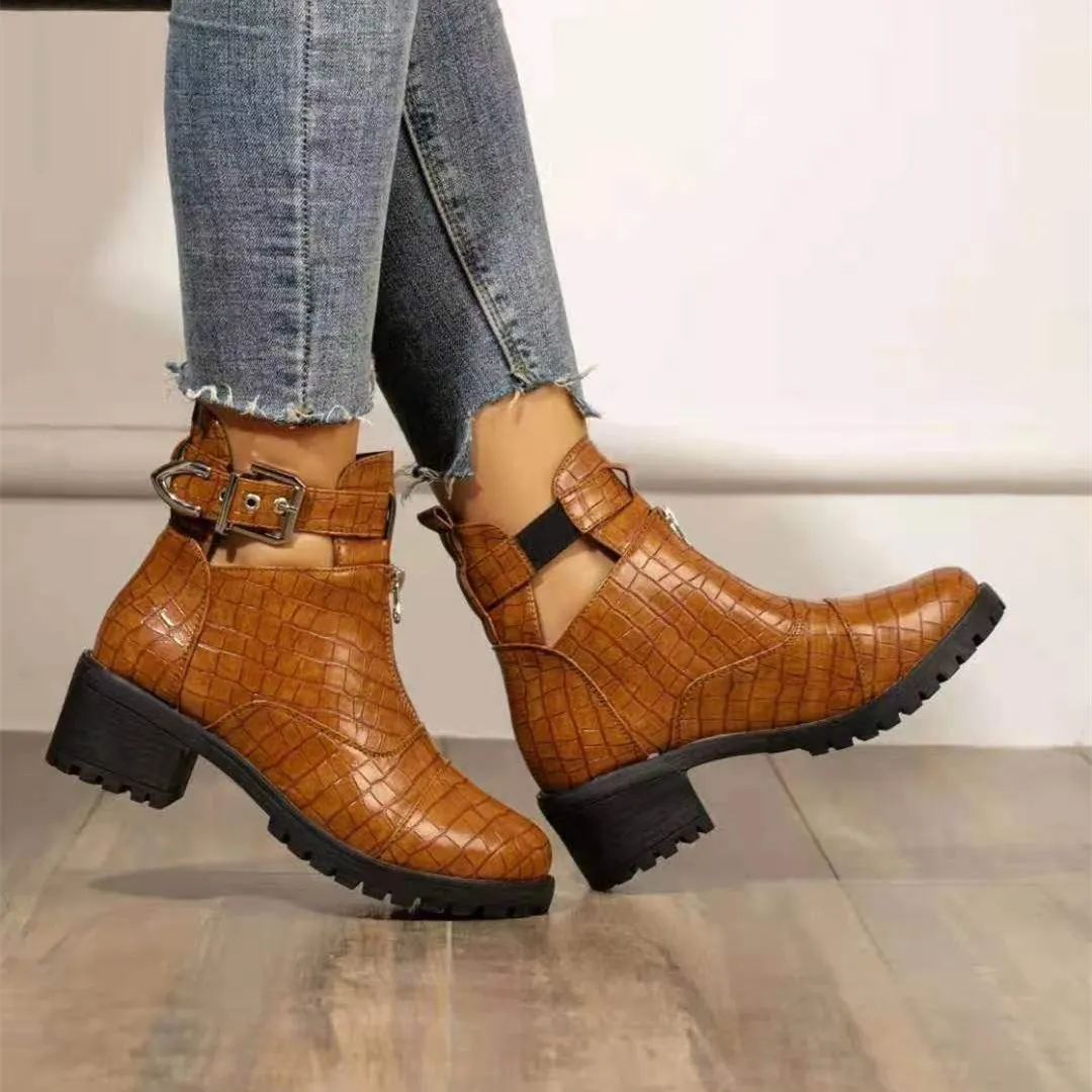 Women chunky heel front zipper buckle strap ankle boots