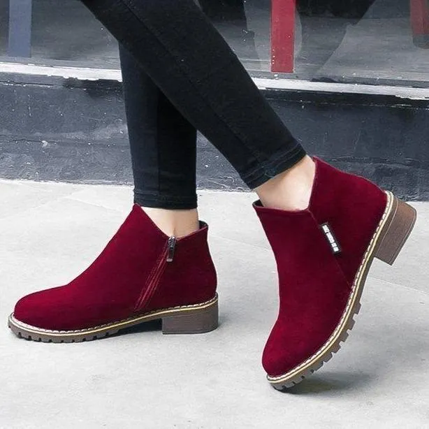 Women chunky low heel side zipper ankle boots