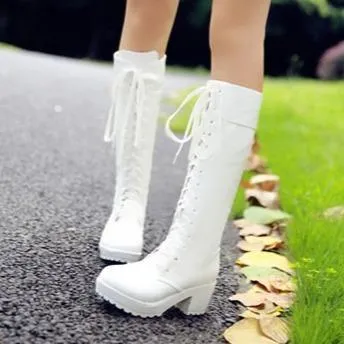 Women chunky platform criss cross lace up knee high boots