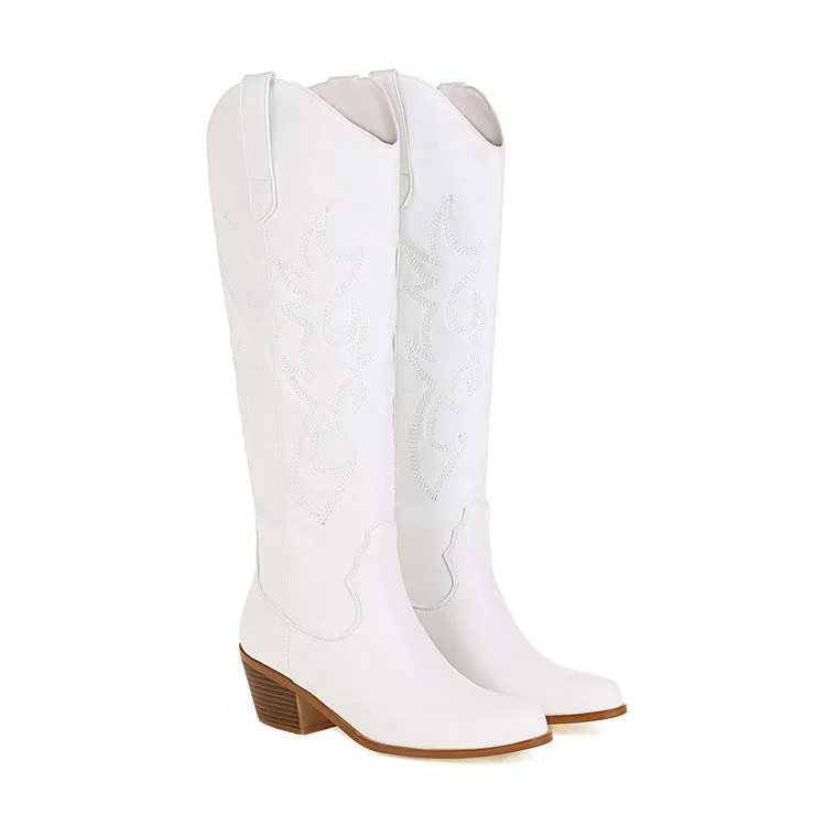 Women cowgirl boots | Knee high v cut chunky heel embroidery western boots